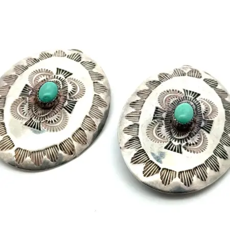 .925 Sterling Silver Navajo Turquoise Conch Large Clip-On Earrings, 14.5g