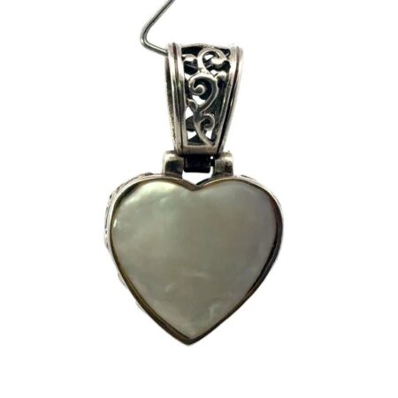 Vintage Sterling Silver Mother of Pearl Heart Pendant w/ Balinese Design - 9.3g
