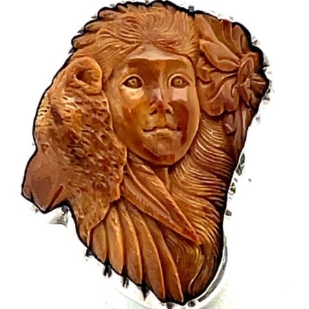 Sterling Silver, Carved “Girl & Wolf” Brown Jadeite Cameo Statement Ring Size-8