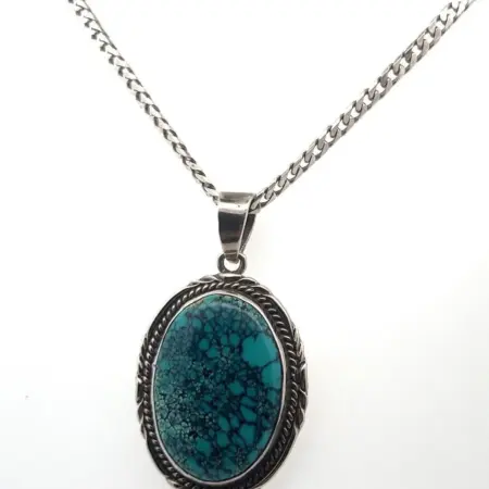 925 Sterling Silver Kingman Spiderweb Turquoise Pendant on 20” Cuban Link Chain