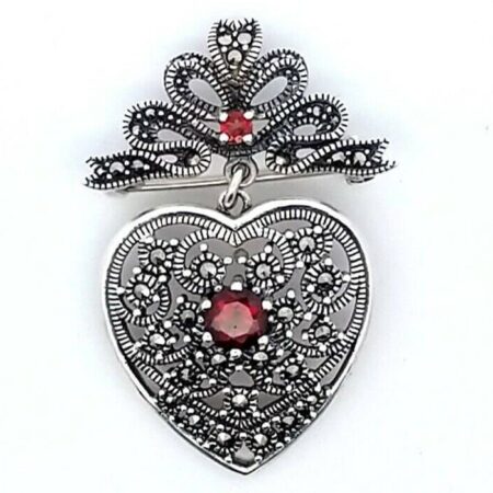 Vintage Sterling Marcasite Red Stone Dangle Ribbon Heart Pin/Brooch Pendant
