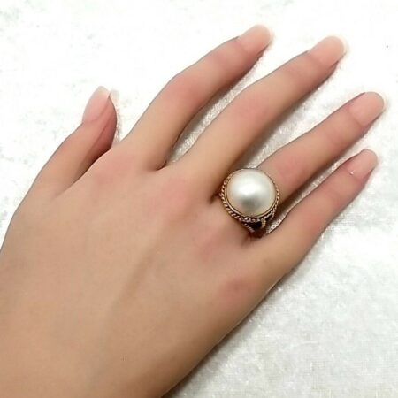 Vintage Large Mabe Pearl 14K Yellow Gold Twisted Rope Ring 11.1 Grams Size-4.75