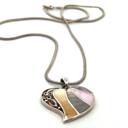 18” .925 Sterling Silver Mother Of Pearl Abalone Inlay Pendant Necklace, 18.3g
