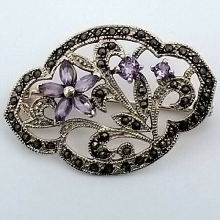 Vintage Sterling Silver, Marcasite & Amethyst Stones Brooch/Pin 6.8 Grams