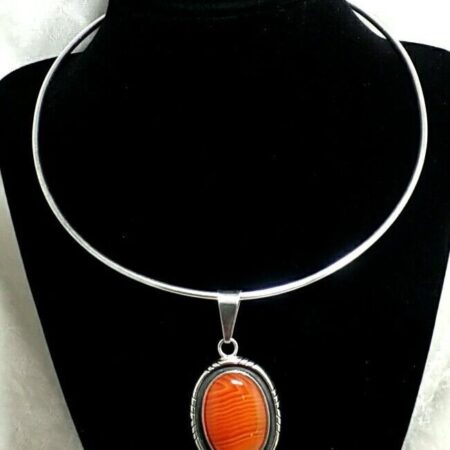 Charles Albert Sterling Silver Oval Banded Agate Pendant On 925 Sterling Choker