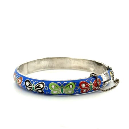 7” Thailand 925 Sterling Silver Blue Enamel Butterfly Hinged Bangle Bracelet 21g