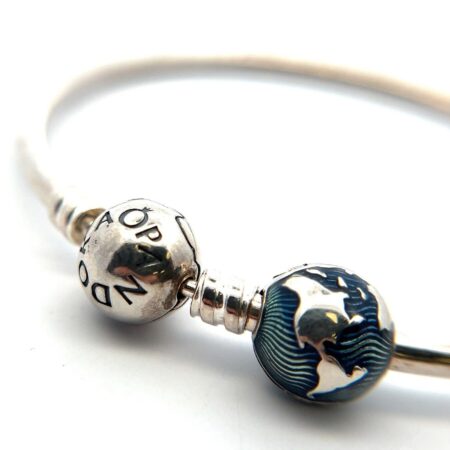 7” Pandora Bangle Bracelet w/ Blue Globe Clip Charm #799429C01 (11.6g)