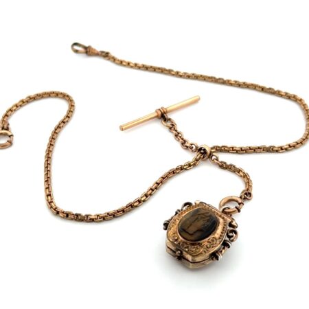 Vintage SOB Co. Gold Filled Watch Fob Chain & Tiger’s Eye Cameo Locket 25.3g