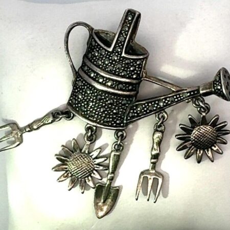 Sterling Silver w/ Marcasite, Water Can and Garden Tools Brooch/Pin - 18.1g