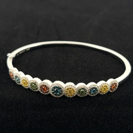 7” HJ Namdar 14k White Gold Multi-Color Diamond Cluster Hinged Bangle Bracelet