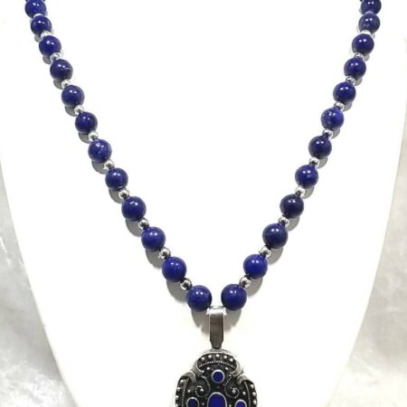 Vintage Lapis Lazuli Bead & Oxidized 925 Sterling 20" Necklace with Drop Pendant