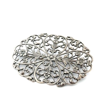 Large Floral 925 Sterling Silver Open Work Oval Brooch/Pin 15.1g