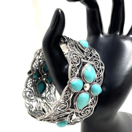 925 Sterling Silver and Turquoise Filigree Cuff Bracelet - 7 Inch Wrist