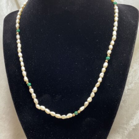 18 Inch Freshwater Pearl, Malachite and 14K Gold Bead and Clasp Necklace by JCM