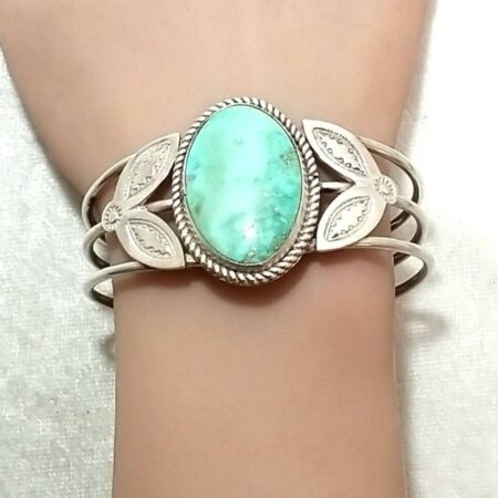 Vintage Sterling Silver Cuff Bracelet  w/Large Oval Turquoise  - 6.5" Wrist