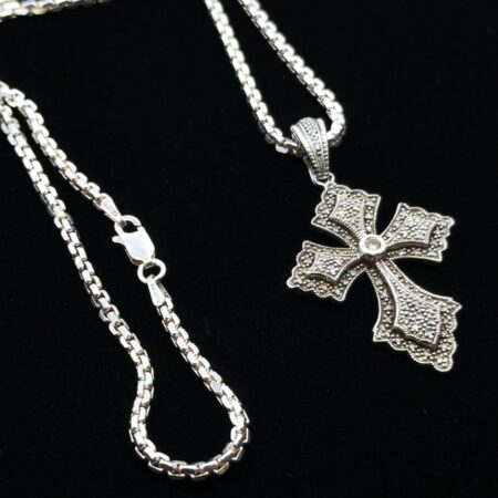24” x 2mm KA 925 Sterling Silver Diamond Cross Pendant On Cable Necklace, 23.4g