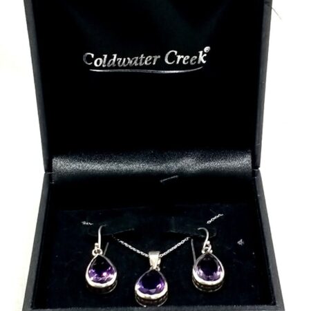 Vintage 925 Silver Pear Shaped Amethyst Pendant With Matching Earrings 18" Chain