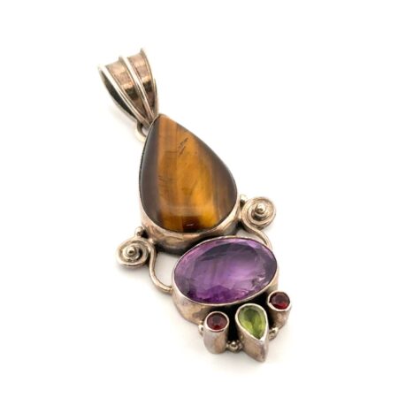 Vintage 925 Sterling Silver Tiger’s Eye & Amethyst Pendant 12.5g
