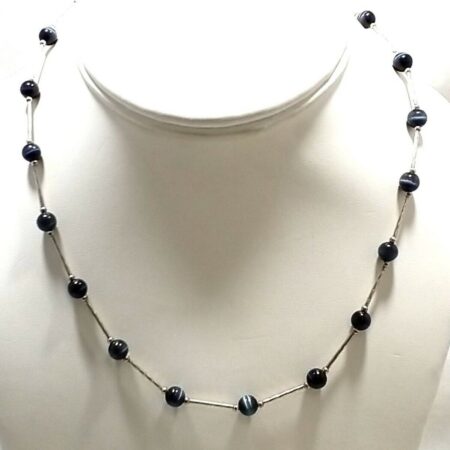 925 Sterling Silver And Black Agate 5.90MM Wide Ball Beads 16" Necklace 7.8 Gram