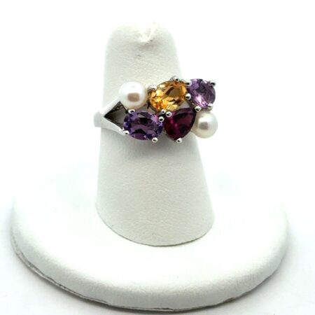 .925 Sterling Silver, Citrine Amethyst, Garnet & Pearl Ring, S-6, 4.4g