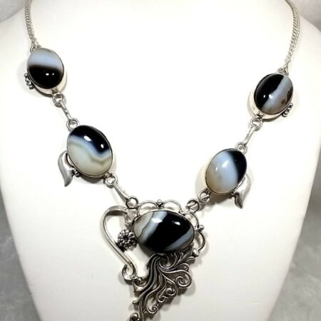 Black Onyx/Bandage Agate Sterling Silver 24" Necklace 45.6 Grams