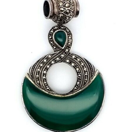 Vintage Sterling Silver Nephrite Jade & Marcasite Large Pendant 16.8 Grams