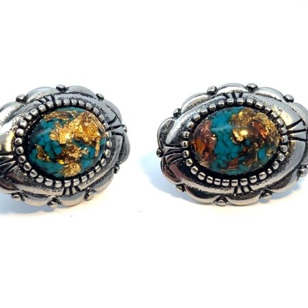 Vintage .925 Silver Oval Rainbow Flake Stud Earrings Turquoise and Gold 3.5g