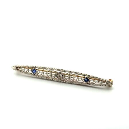 Vintage 14k White & Yellow Gold Art Deco Bar Pin w/ Diamond & Sapphires 5.4g