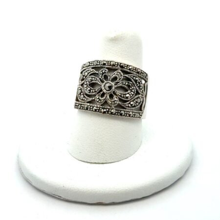 .925 Sterling Silver & Marcasite Floral Filigree Ring, S-7.75, 5.9g