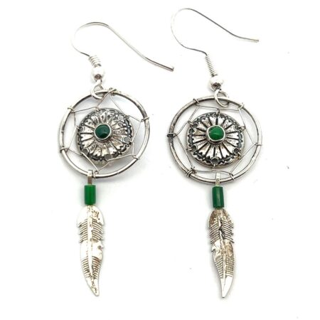 Southwestern 925 Sterling Silver Malachite Dream Catcher Dangle Earrings 2.0g
