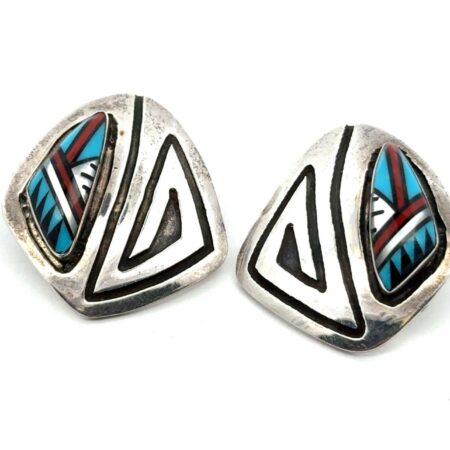 Native American 925 Sterling Silver Turquoise, Coral, Onyx, Inlay Earrings, 9.2g