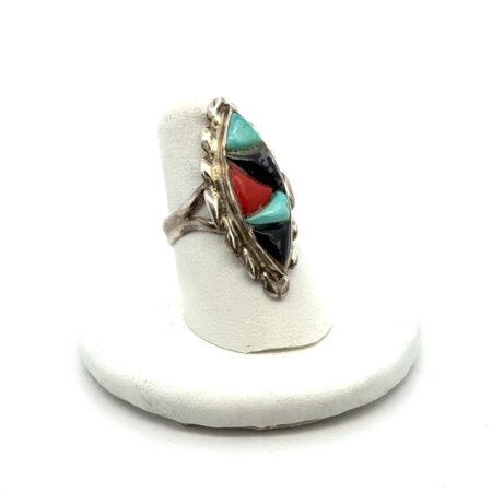 Zuni 925 Sterling Silver Turquoise, Coral, & Onyx Ring, Size - 6.5, 5.5g