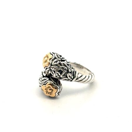925 Sterling Silver 18k Yellow Gold Flower Bypass Ring, Size-4, 6.8g