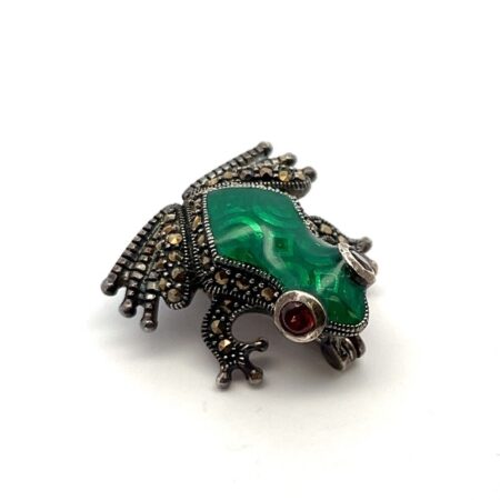 Vintage Thai 925 Sterling Silver Guilloche, Marcasite, & Garnet Frog Brooch 7.5g
