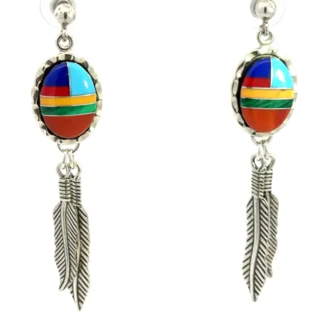 W.M. Co. .925 Sterling Silver Multi-stone Inlay Feather Dangle Earrings 7.3g