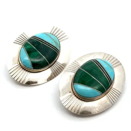 Vintage Southwest 925 Sterling Silver Multistone Inlay Clip-On Earrings, 16.9g