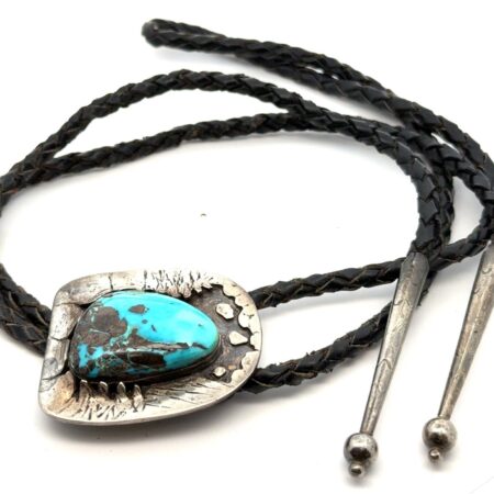 .925 Sterling Silver Kingman Turquoise Braided Leather Bolo Tie