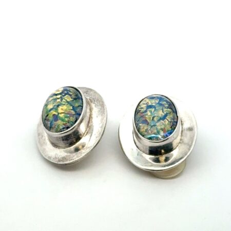 .925 Sterling Silver Foil Opalescent Glass Earrings, Clip On, 27.2g