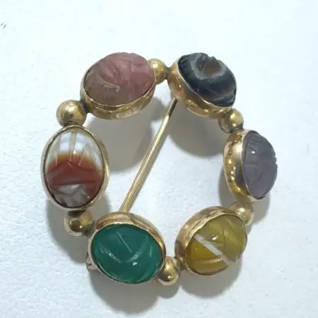 Admark, 70's Vintage 14k Yellow Gold w/ Multi-Gemstones, Circle Scarab Brooch