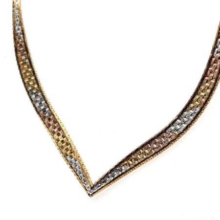16” Vintage IBB 925 Sterling Silver Tricolor V Shape Basket Weave Necklace 15.6g