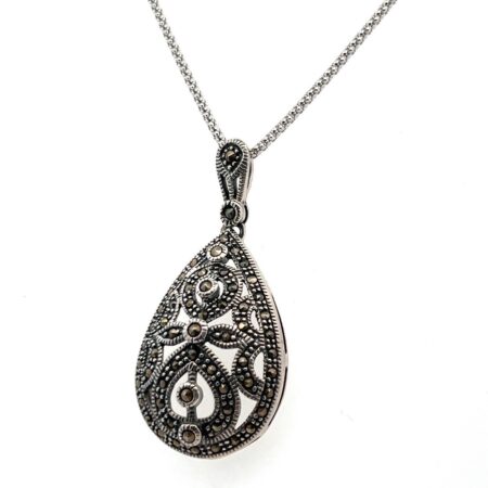 18” 925 Sterling Silver Popcorn Chain w/ Marcasite Pear Shape Pendant 8.5g