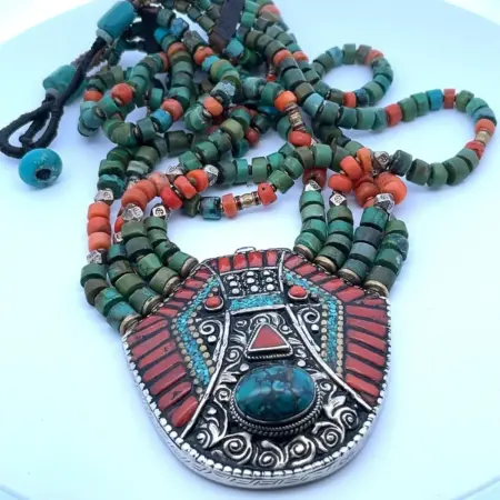 Tibetan .925 Silver & Brass 22” Necklace w/ Turquoise & Coral 4 Strand 147.6g