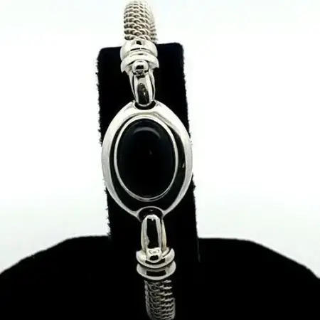 Joseph Esposito 925 Sterling Silver Black Oval Onyx  Mesh Bangle Bracelet