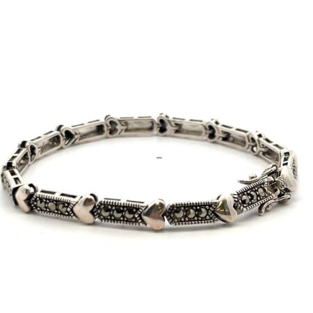 7” 925 Sterling Silver & Marcasite Heart Link Bracelet 12.3g
