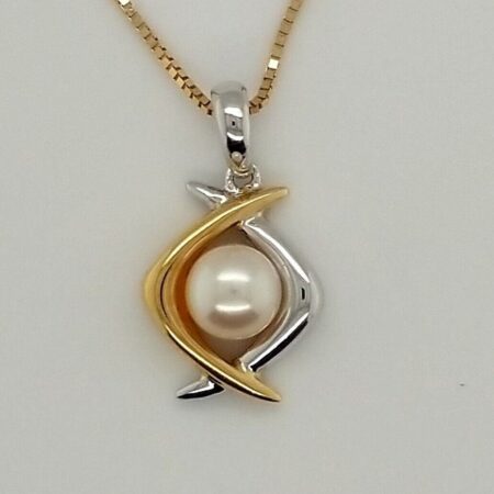 20” Albert David 14K Gold Necklace w/ Pearl Pendant, 2 Tone Gold Setting
