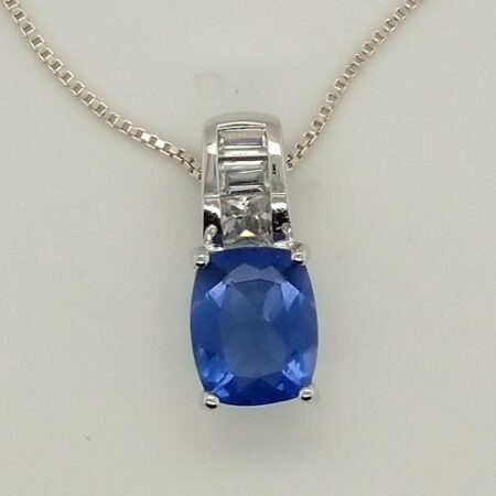 18" Box Chain Sterling Necklace With 3 CZ Baguettes & 1 - 7X10 MM Blue Stone