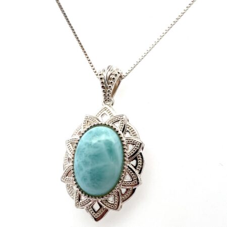 18” 925 Sterling Silver Box Chain w/ Oval Larimar Stone Pendant 10.7g