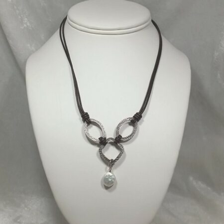 Silpada Hammered Sterling Silver and Coin Pearl Leather Cord Necklace N1257