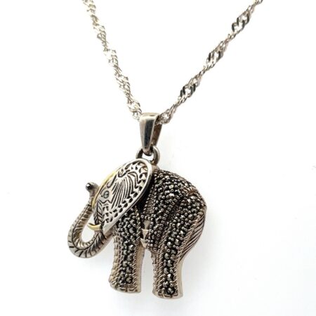 20” 925 Sterling Silver Singapore Chain w/ Marcasite Elephant Pendant 11.0g