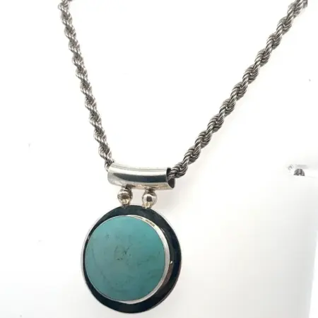 925 Sterling Silver Turquoise Pendant on 24” 925 SS Rope Chain Made in Mexico